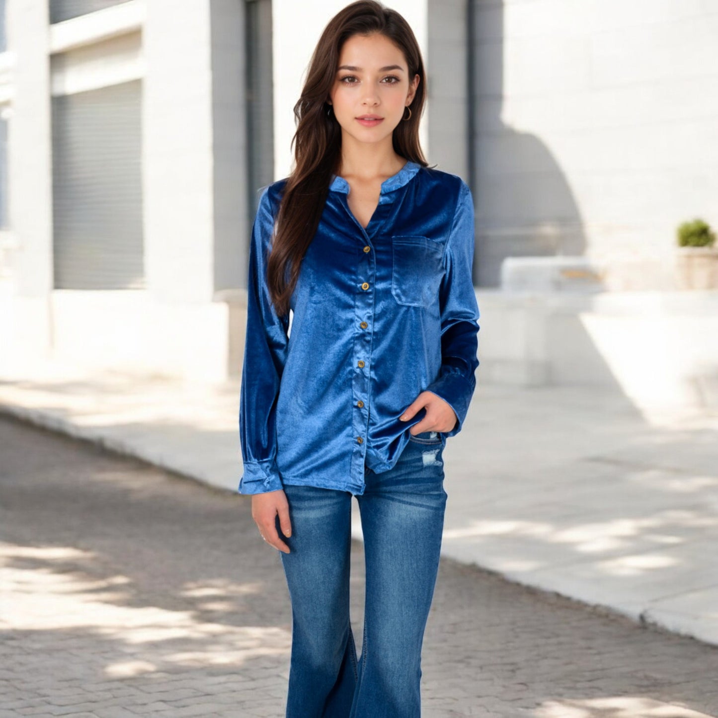 Anna-Kaci Women's Velvet Button-Down Shirt with Chest Pocket