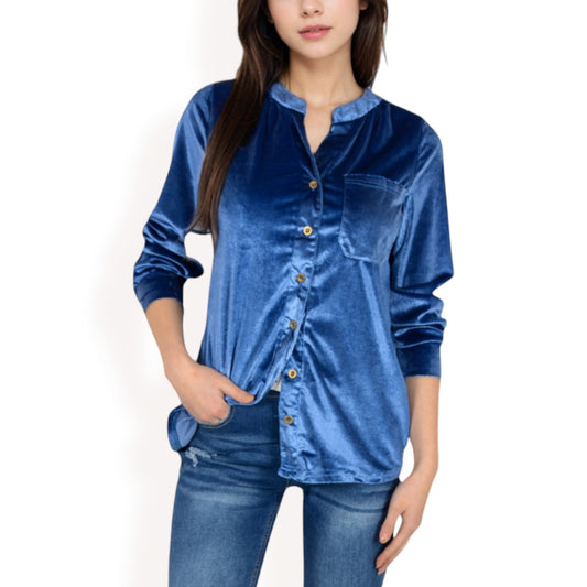 Anna-Kaci Women's Velvet Button-Down Shirt with Chest Pocket