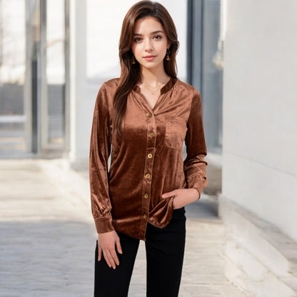 Anna-Kaci Women's Velvet Button-Down Shirt with Chest Pocket