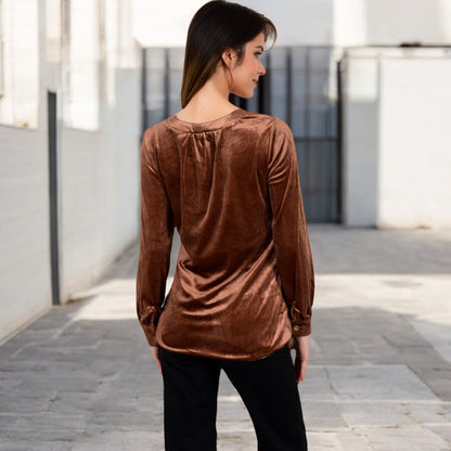 Anna-Kaci Women's Velvet Button-Down Shirt with Chest Pocket