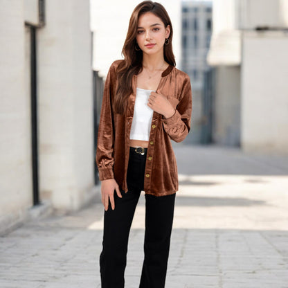 Anna-Kaci Women's Velvet Button-Down Shirt with Chest Pocket