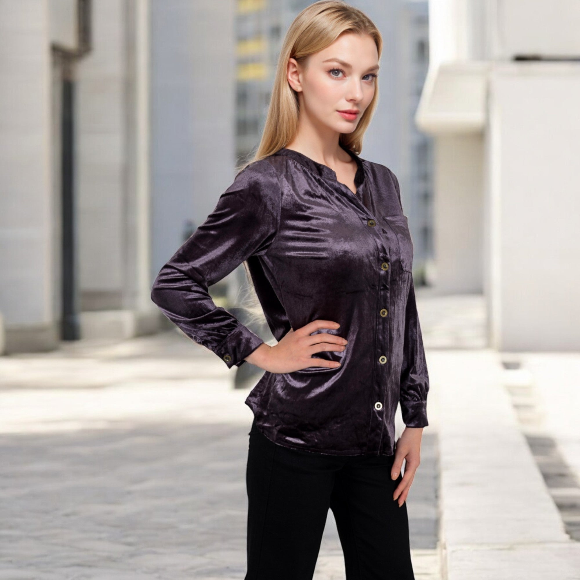 Anna-Kaci Women's Velvet Button-Down Shirt with Chest Pocket
