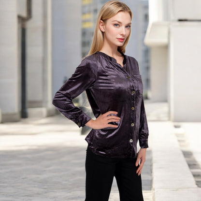 Anna-Kaci Women's Velvet Button-Down Shirt with Chest Pocket