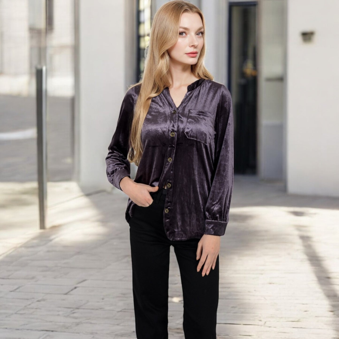 Anna-Kaci Women's Velvet Button-Down Shirt with Chest Pocket