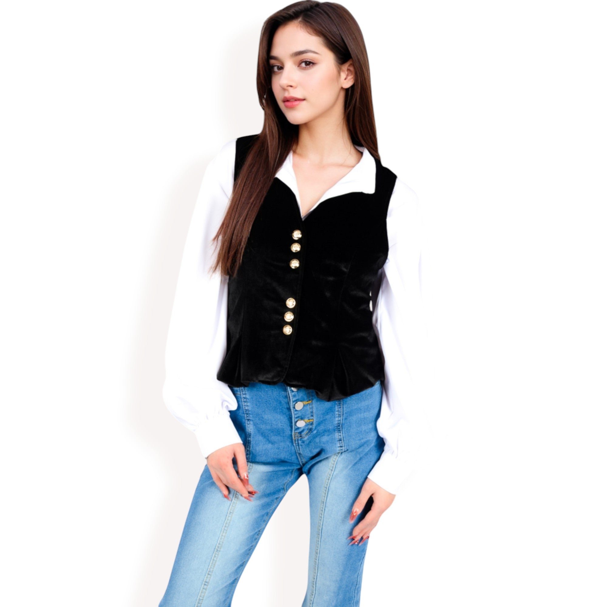 Anna-Kaci Women's Velvet Peplum Vest with Button Detai