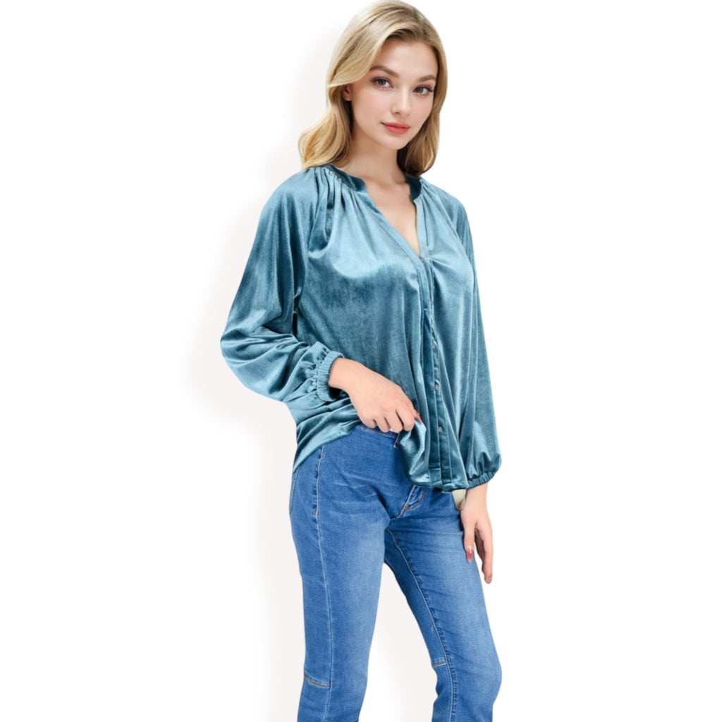 Anna-Kaci Women's Velvet Blouse with V-Neck and Button Detail
