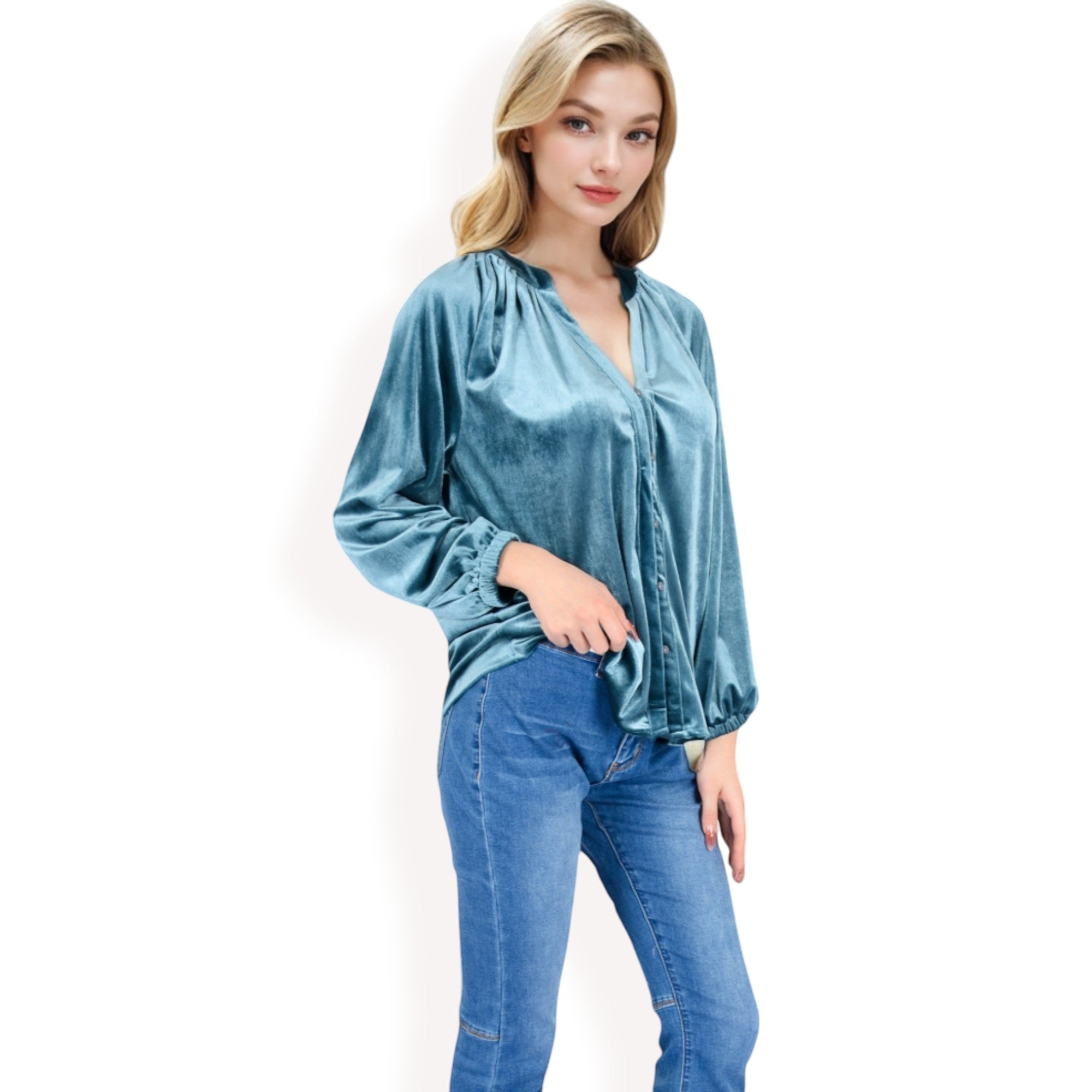 Anna-Kaci Women's Velvet Blouse with V-Neck and Button Detail