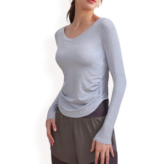 Anna-Kaci Women's Long Sleeve Fitted Activewear Top with Side Ruching and Scoop Neck