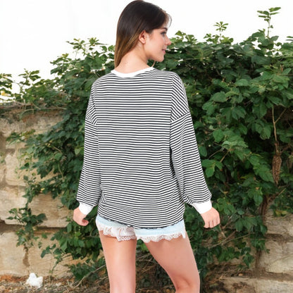 Anna-Kaci Women's Striped Long Sleeve Oversized Pullover Top with Ribbed Crew Neck