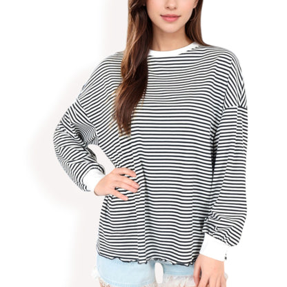 Anna-Kaci Women's Striped Long Sleeve Oversized Pullover Top with Ribbed Crew Neck