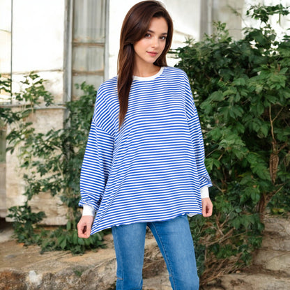 Anna-Kaci Women's Striped Long Sleeve Oversized Pullover Top with Ribbed Crew Neck