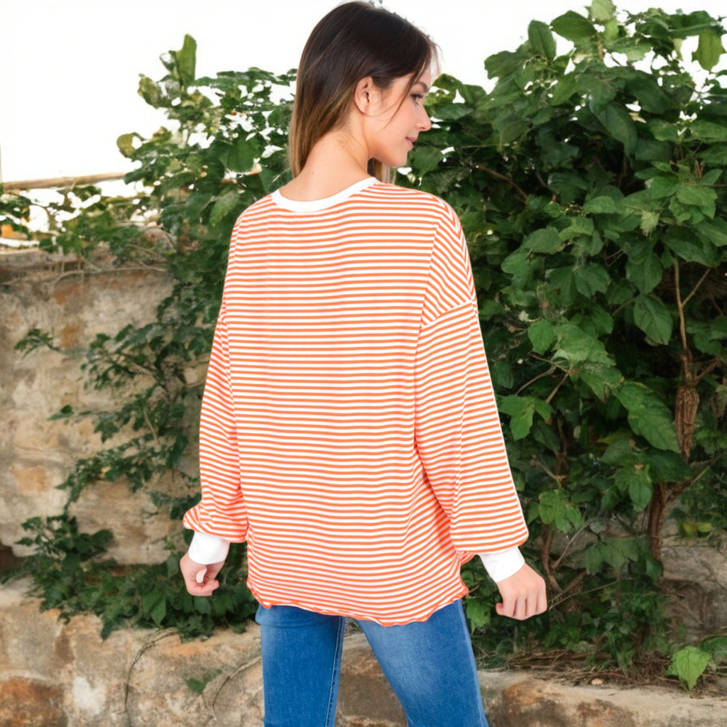 Anna-Kaci Women's Striped Long Sleeve Oversized Pullover Top with Ribbed Crew Neck