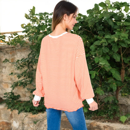 Anna-Kaci Women's Striped Long Sleeve Oversized Pullover Top with Ribbed Crew Neck