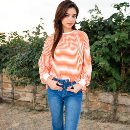Anna-Kaci Women's Striped Long Sleeve Oversized Pullover Top with Ribbed Crew Neck