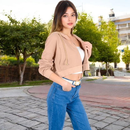 Anna-Kaci Women's Cropped Waffle Knit Zip-Up Hoodie with Drawstring