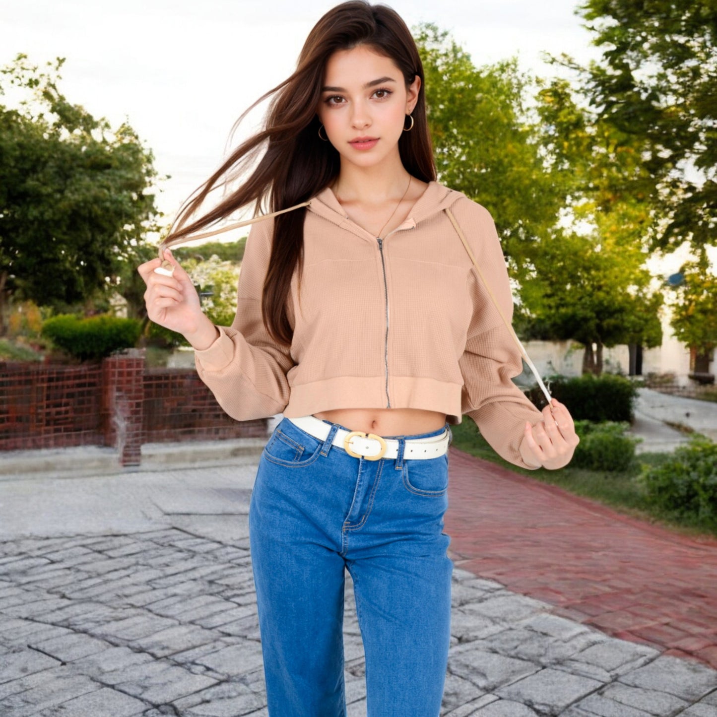 Anna-Kaci Women's Cropped Waffle Knit Zip-Up Hoodie with Drawstring