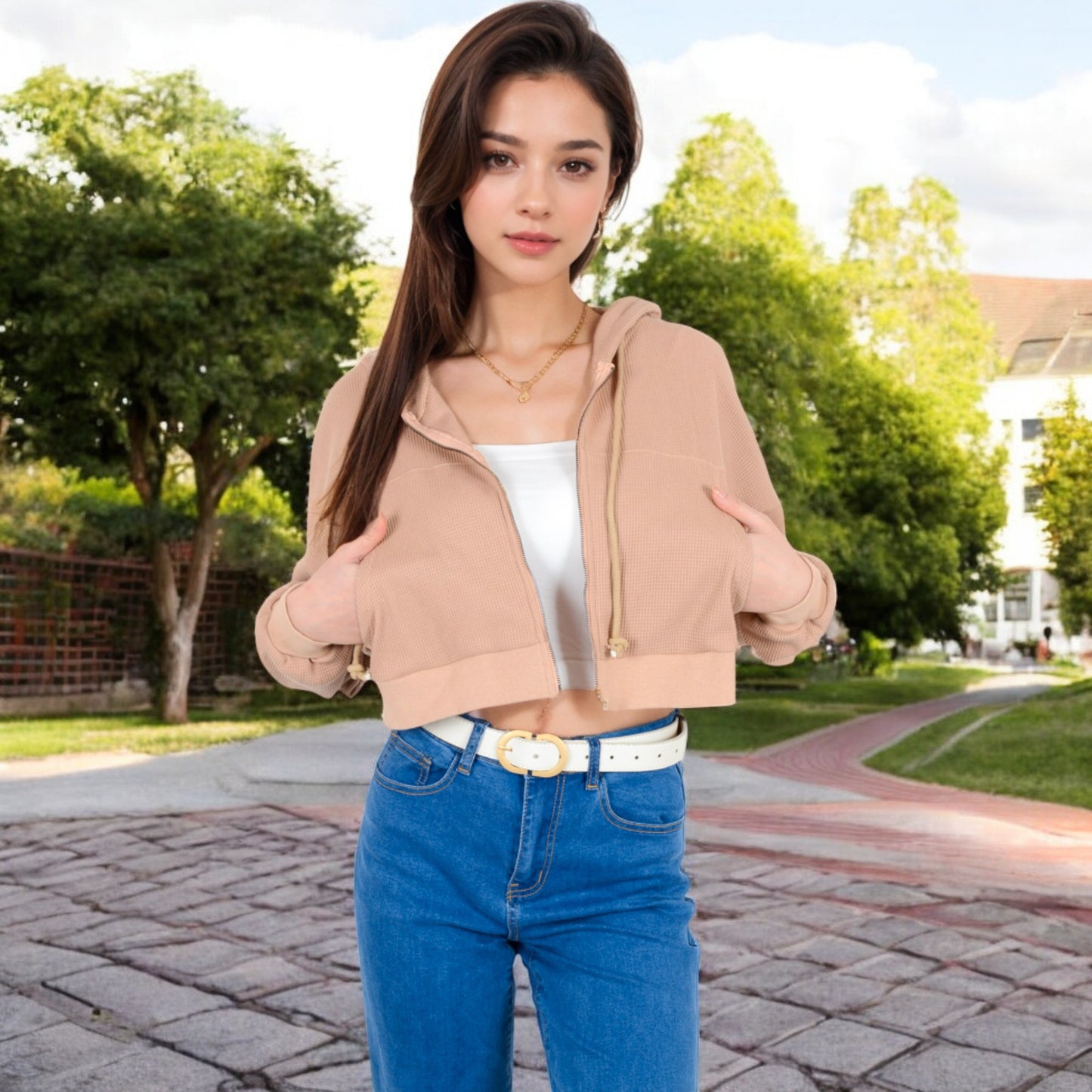 Anna-Kaci Women's Cropped Waffle Knit Zip-Up Hoodie with Drawstring