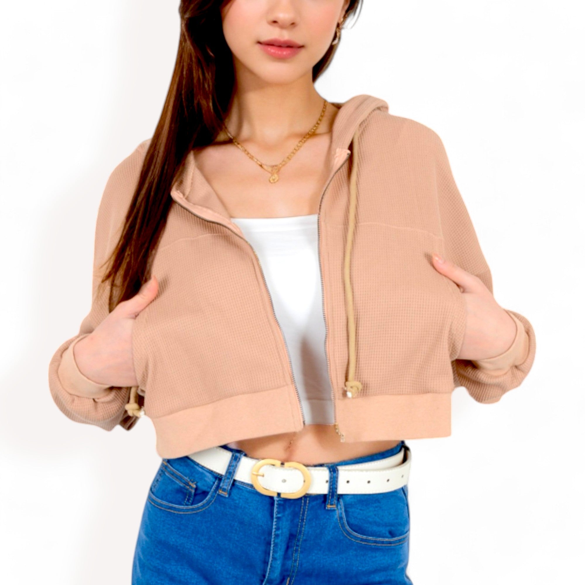 Anna-Kaci Women's Cropped Waffle Knit Zip-Up Hoodie with Drawstring