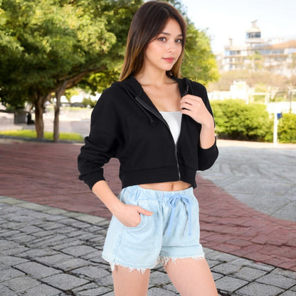 Anna-Kaci Women's Cropped Waffle Knit Zip-Up Hoodie with Drawstring