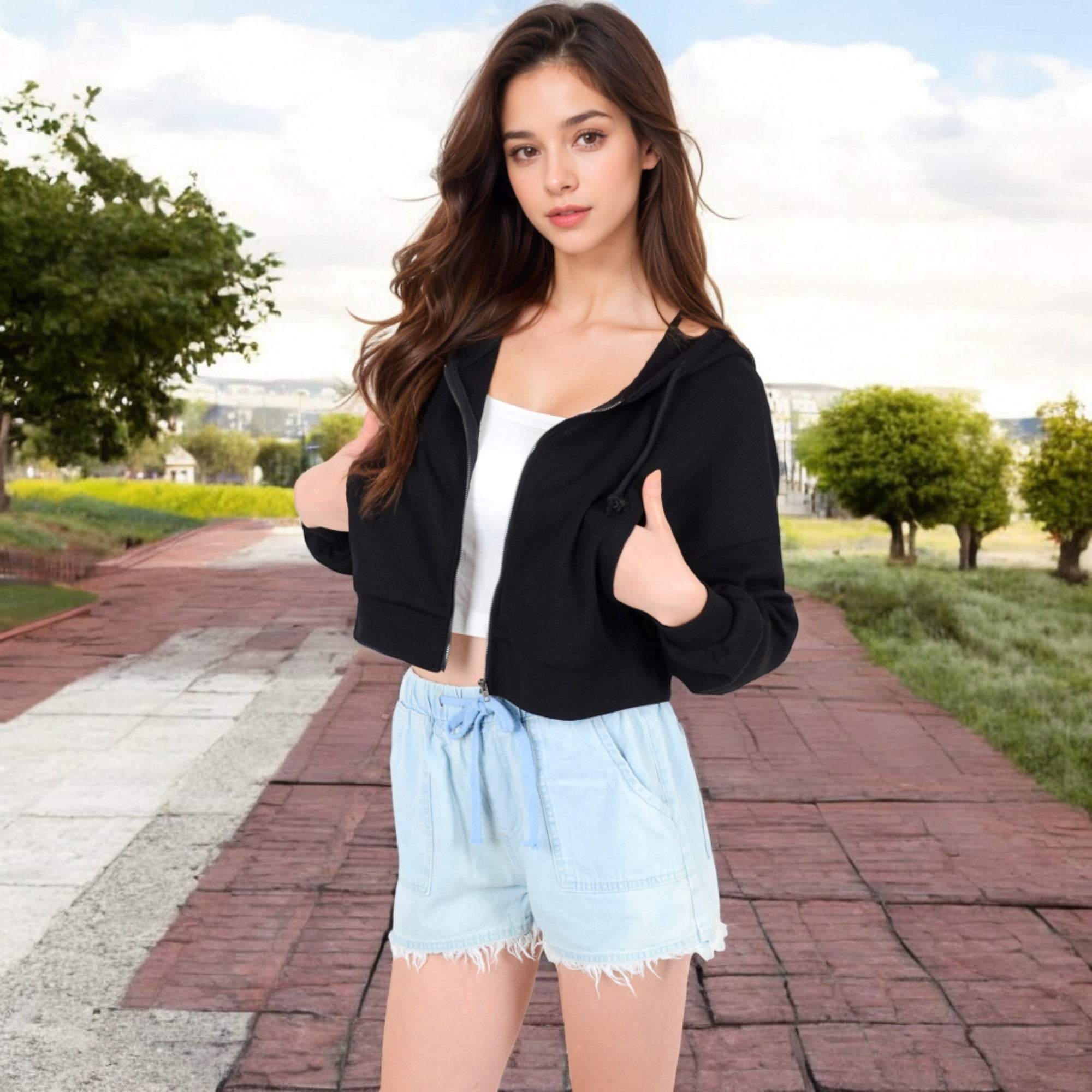 Anna-Kaci Women's Cropped Waffle Knit Zip-Up Hoodie with Drawstring