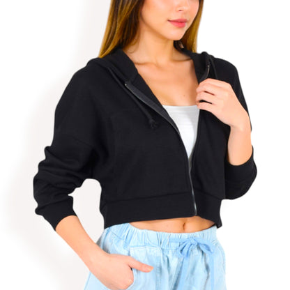 Anna-Kaci Women's Cropped Waffle Knit Zip-Up Hoodie with Drawstring