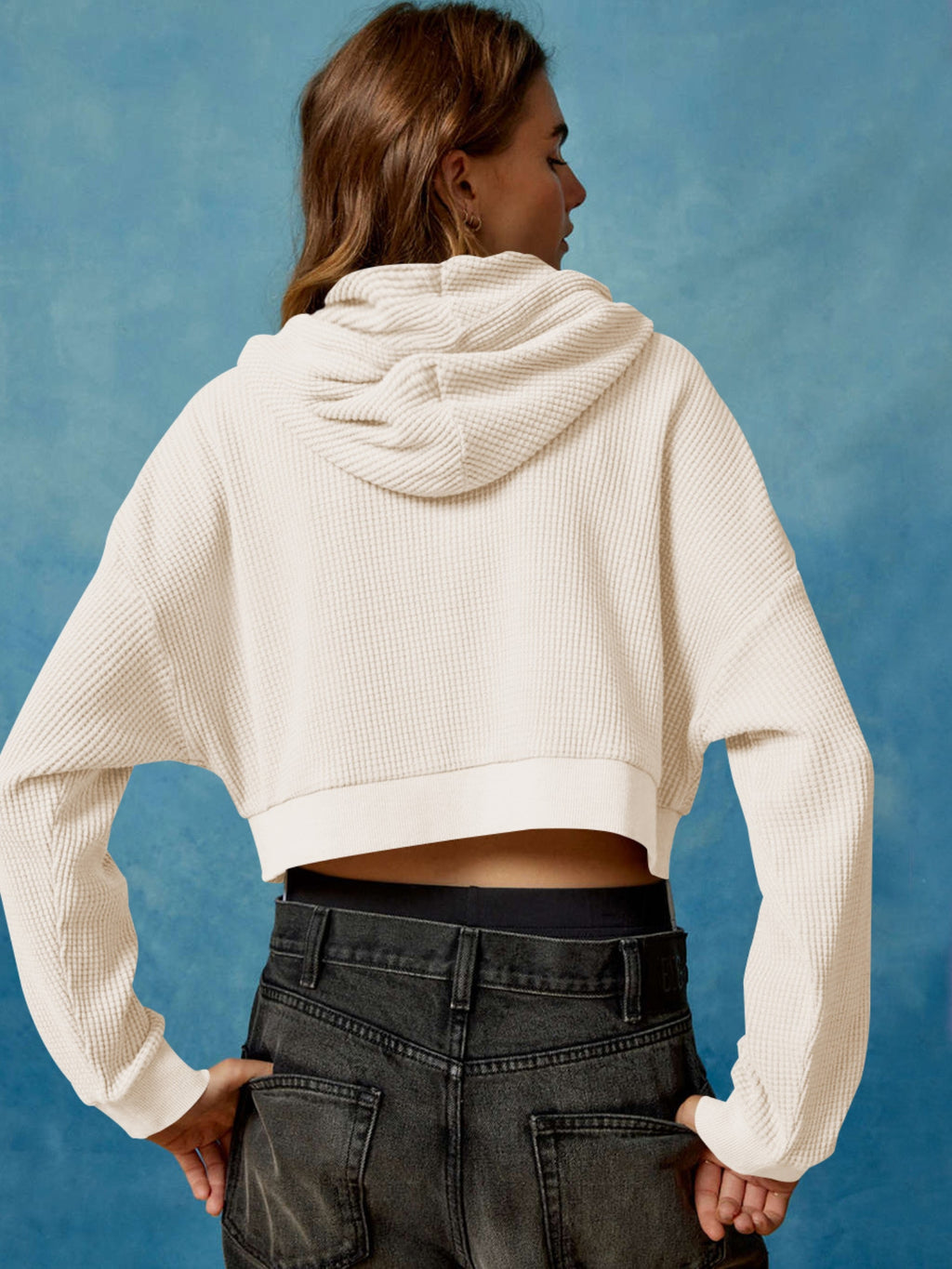 Anna-Kaci Women's Cropped Waffle Knit Zip-Up Hoodie with Drawstring
