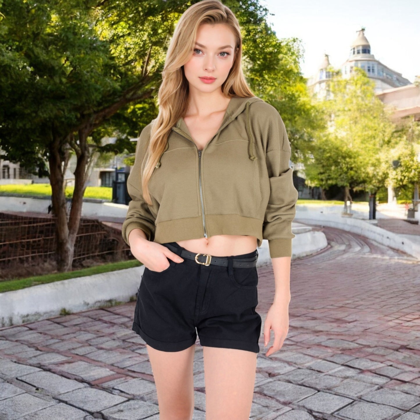 Anna-Kaci Women's Cropped Waffle Knit Zip-Up Hoodie with Drawstring