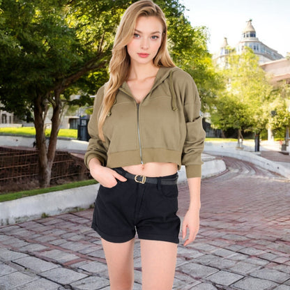 Anna-Kaci Women's Cropped Waffle Knit Zip-Up Hoodie with Drawstring