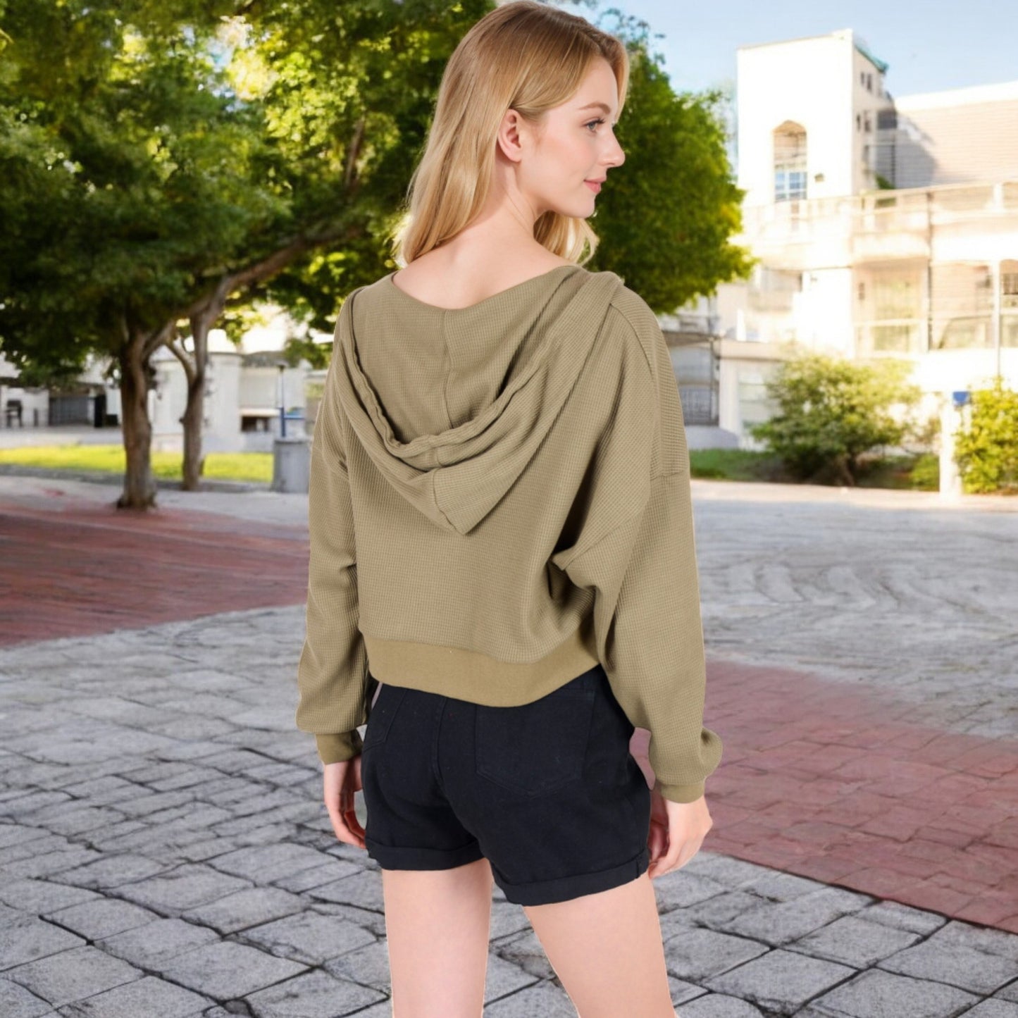 Anna-Kaci Women's Cropped Waffle Knit Zip-Up Hoodie with Drawstring