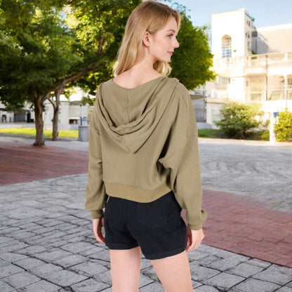 Anna-Kaci Women's Cropped Waffle Knit Zip-Up Hoodie with Drawstring