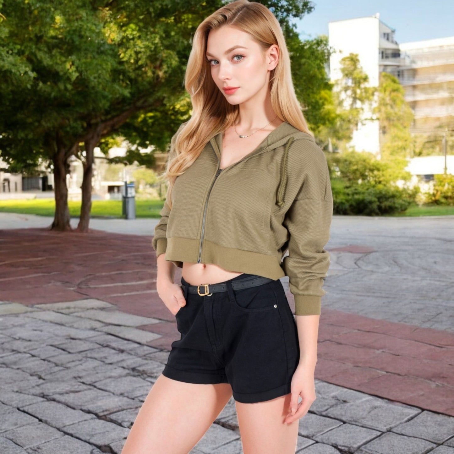 Anna-Kaci Women's Cropped Waffle Knit Zip-Up Hoodie with Drawstring