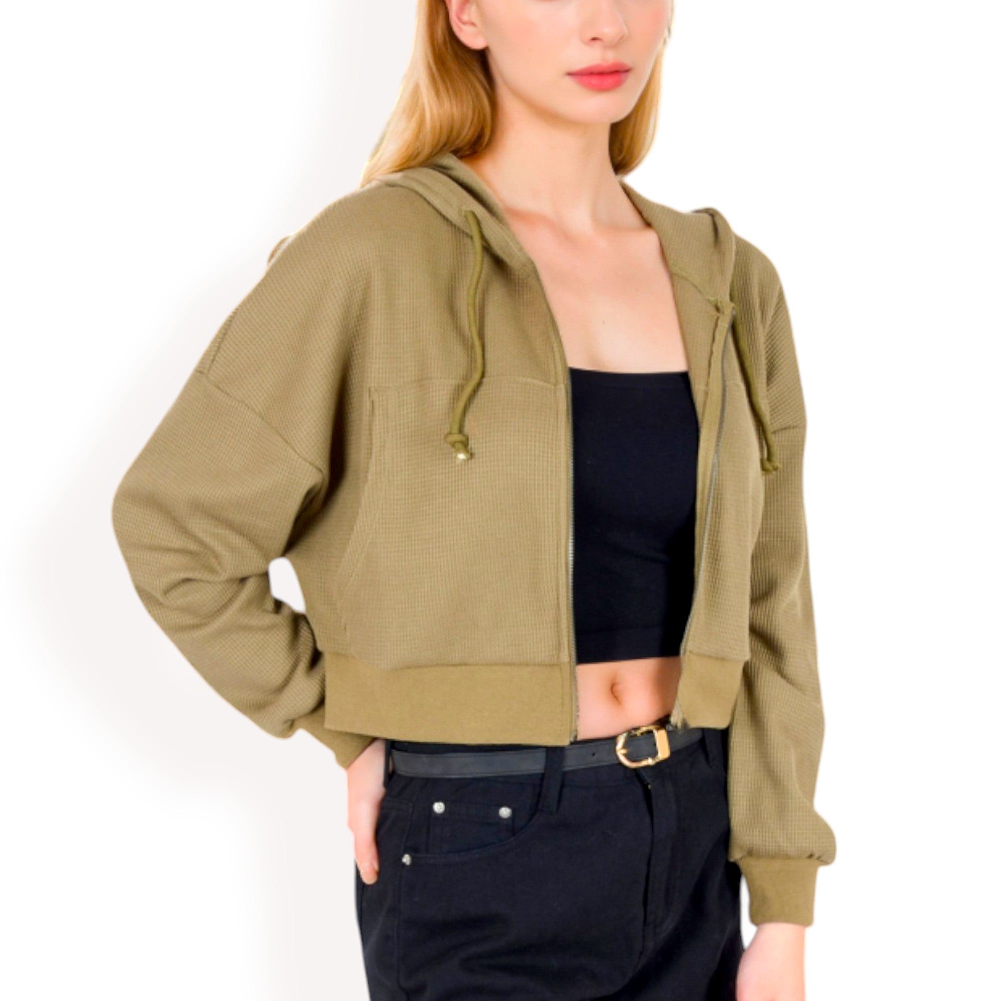 Anna-Kaci Women's Cropped Waffle Knit Zip-Up Hoodie with Drawstring