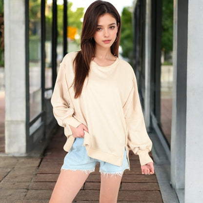 Anna-Kaci Women's Oversized Long Sleeve Pullover Sweatshirt with Drop Shoulders and Side Slits
