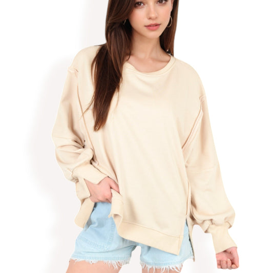 Anna-Kaci Women's Oversized Long Sleeve Pullover Sweatshirt with Drop Shoulders and Side Slits