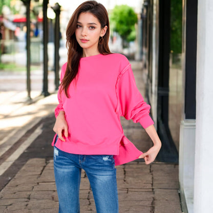Anna-Kaci Women's Oversized Long Sleeve Pullover Sweatshirt with Drop Shoulders and Side Slits