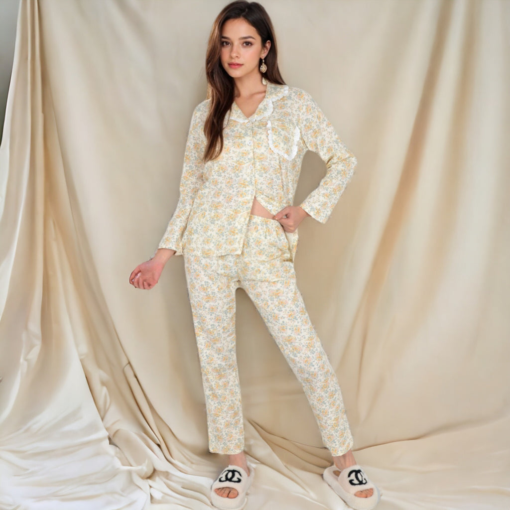 Anna-Kaci Women's Floral Print Button-Up Long Sleeve Pajama Set with Ruffle Details