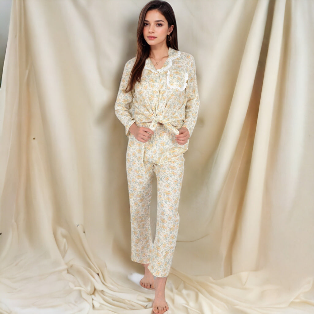 Anna-Kaci Women's Floral Print Button-Up Long Sleeve Pajama Set with Ruffle Details