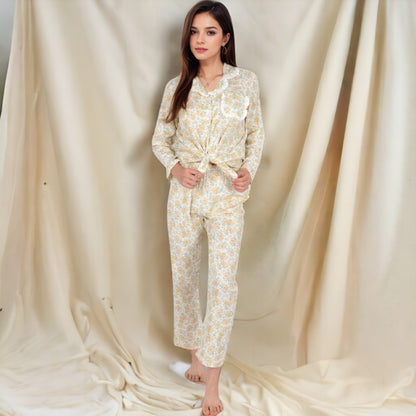 Anna-Kaci Women's Floral Print Button-Up Long Sleeve Pajama Set with Ruffle Details