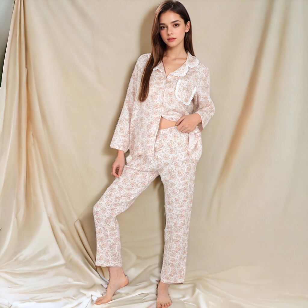 Anna-Kaci Women's Floral Print Button-Up Long Sleeve Pajama Set with Ruffle Details