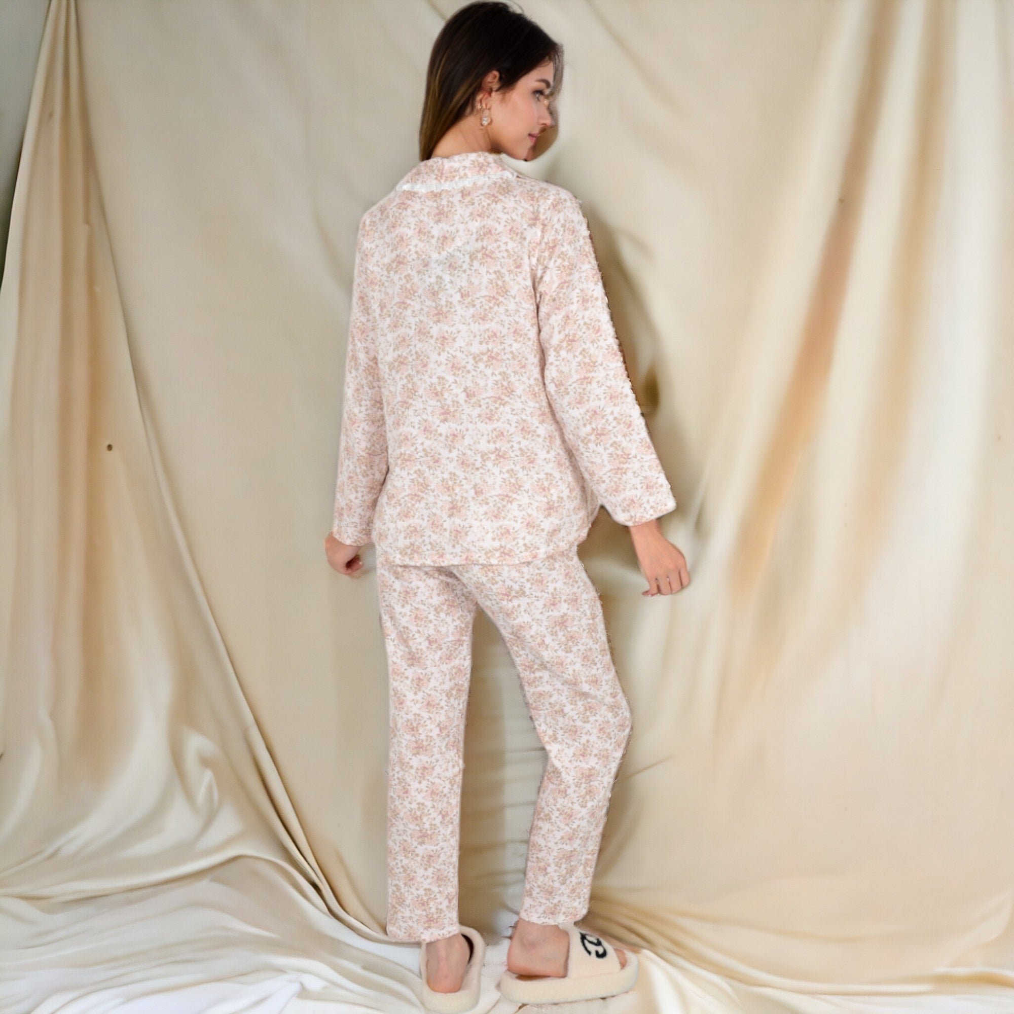 Anna-Kaci Women's Floral Print Button-Up Long Sleeve Pajama Set with Ruffle Details