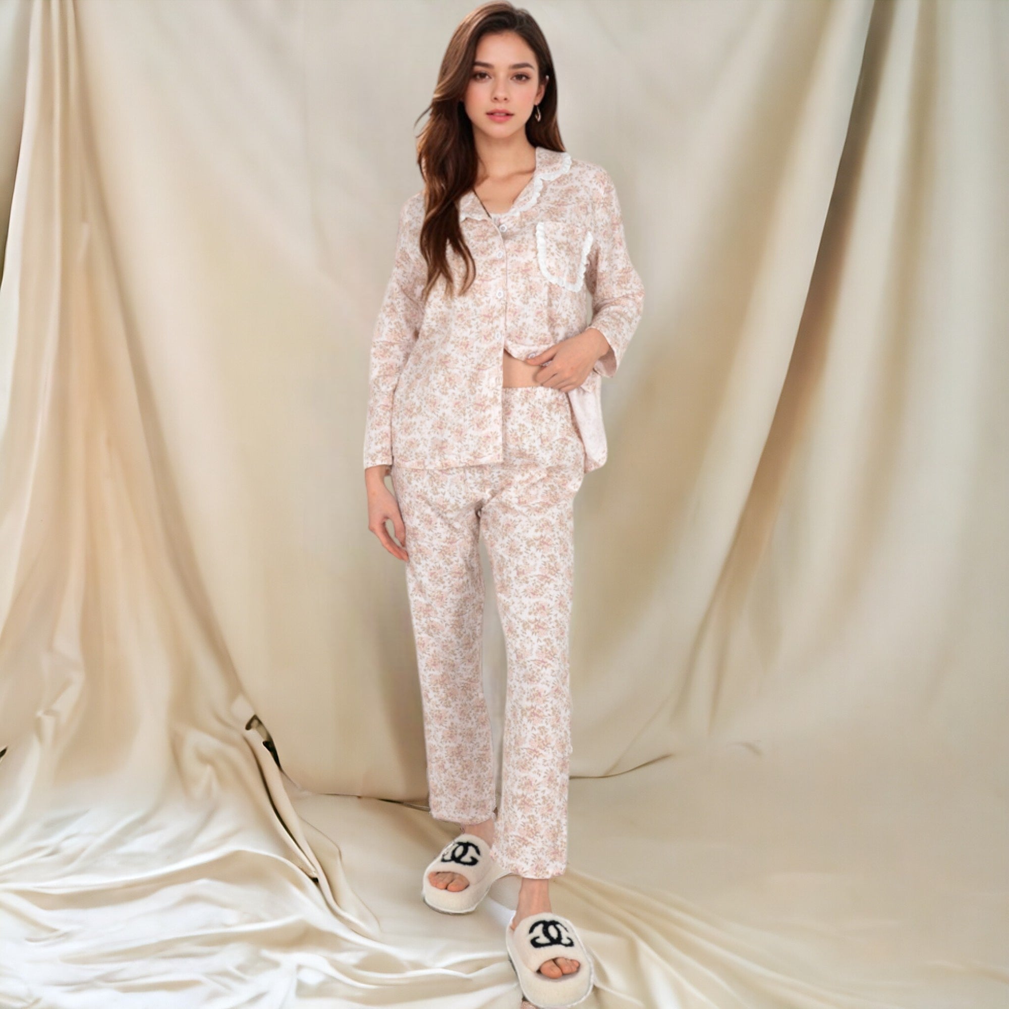 Anna-Kaci Women's Floral Print Button-Up Long Sleeve Pajama Set with Ruffle Details