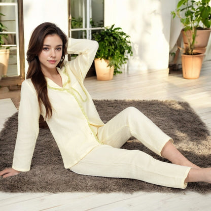 Anna-Kaci Women's Lightweight Gauze Pajama Set with Lace Trim and Button-Up Design