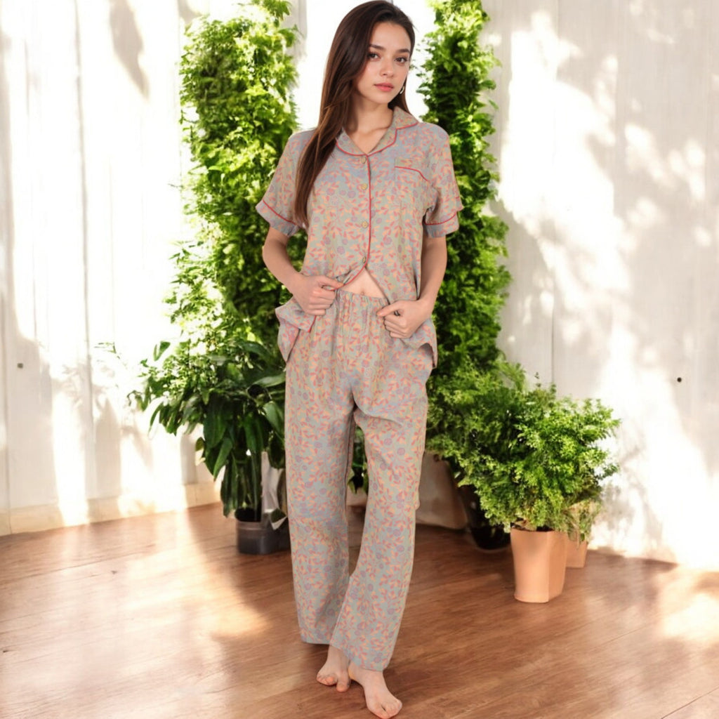 Anna-Kaci Women's Floral Print Short Sleeve Pajama Set with Button-Up Top and Piping Details