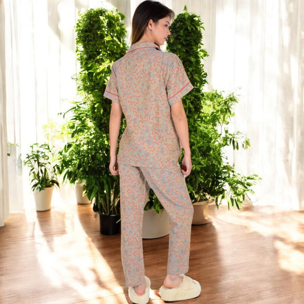 Anna-Kaci Women's Floral Print Short Sleeve Pajama Set with Button-Up Top and Piping Details