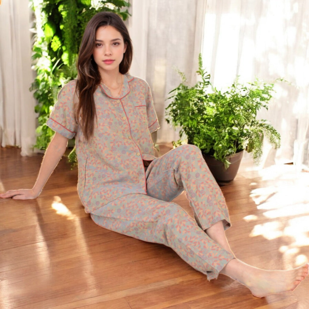 Anna-Kaci Women's Floral Print Short Sleeve Pajama Set with Button-Up Top and Piping Details
