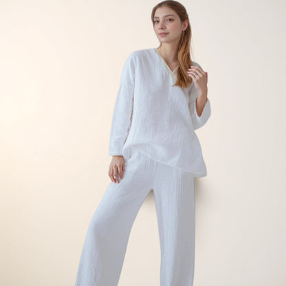 Anna-Kaci Lounge Women's Waffle Textured Lounge Set with V-Neck Top and Wide Leg Pants
