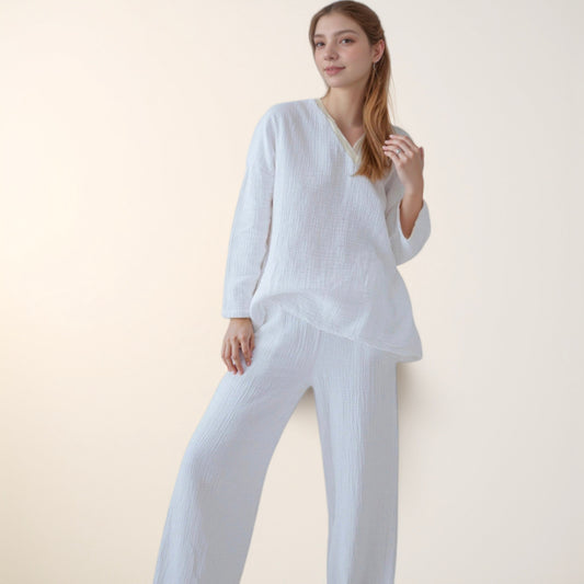 Anna-Kaci Lounge Women's Waffle Textured Lounge Set with V-Neck Top and Wide Leg Pants