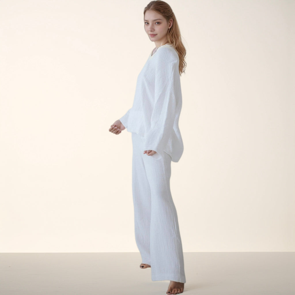 Anna-Kaci Lounge Women's Waffle Textured Lounge Set with V-Neck Top and Wide Leg Pants
