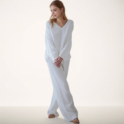 Anna-Kaci Lounge Women's Waffle Textured Lounge Set with V-Neck Top and Wide Leg Pants