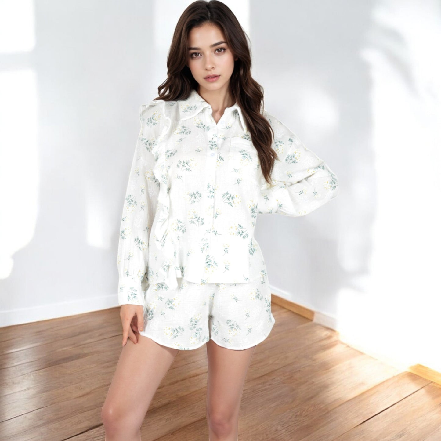 Anna-Kaci Women's Floral Ruffled Button-Down Shirt and Shorts Set